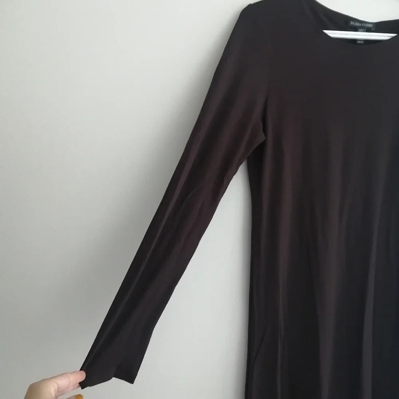 Eileen Fisher Long Sleeve Chocolate Brown Stretch Jersey Knee Length Dress XS - Picture 6 of 13